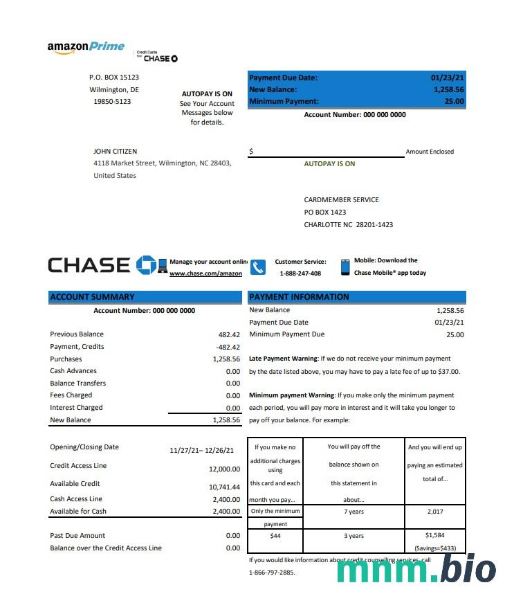 USA Chase wyciąg bankowy szablon Worda i PDF, version 3